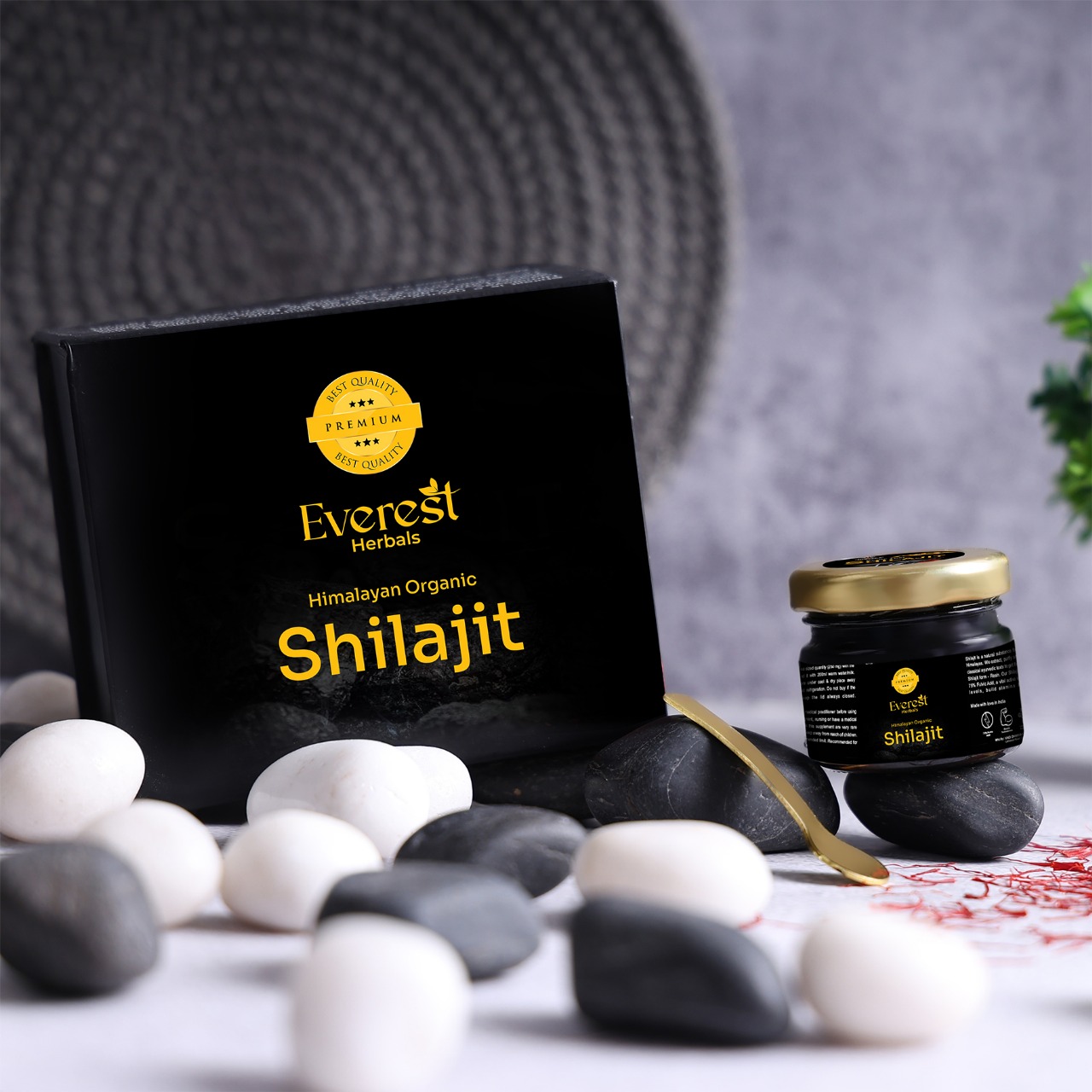 Premium Himalayan Shilajit Resin in elegant packaging with mountains in background